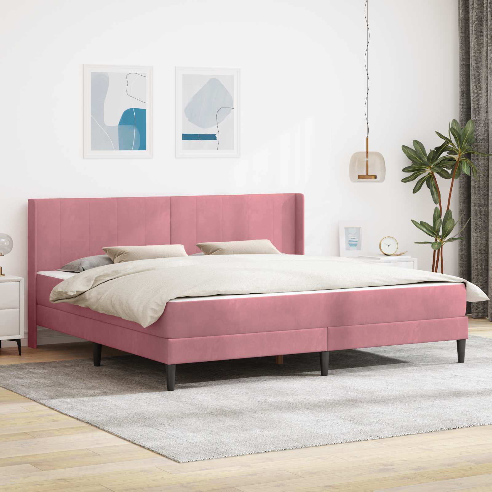 vidaXL Rama łóżka z materacem Z zagłówkiem różowy 200 x 200 cm Welur