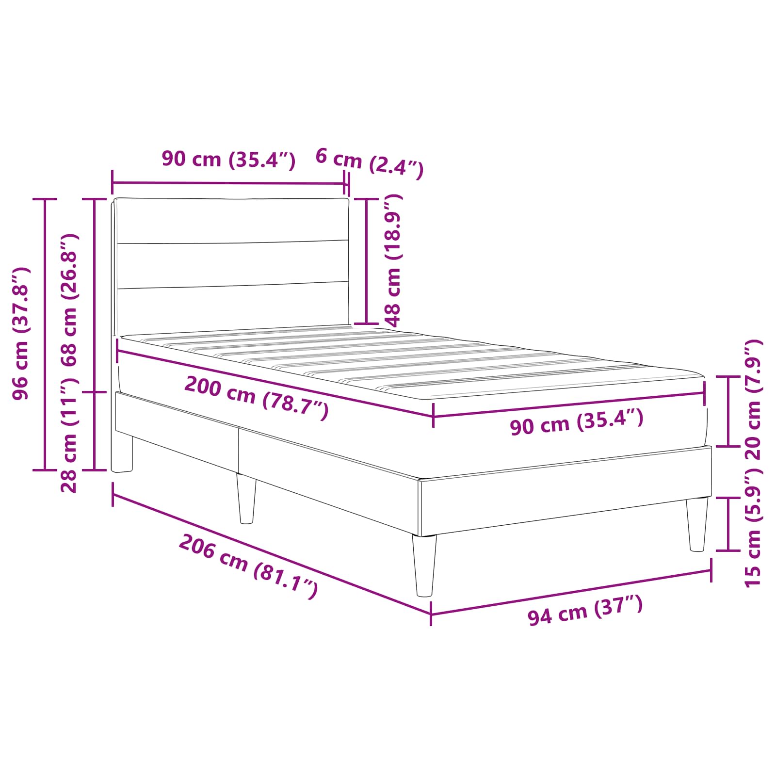 vidaXL Ramka łóżka Czarny 90 x 200 cm Poliester