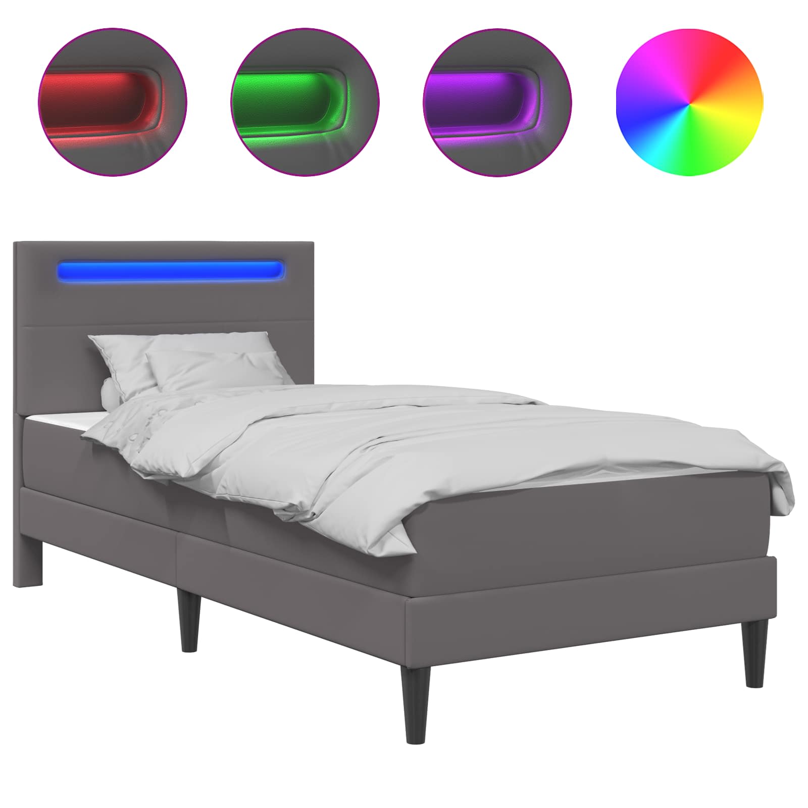 vidaXL Ramka łóżka z paskami LED Szary 90 x 200 cm Ekoskóra