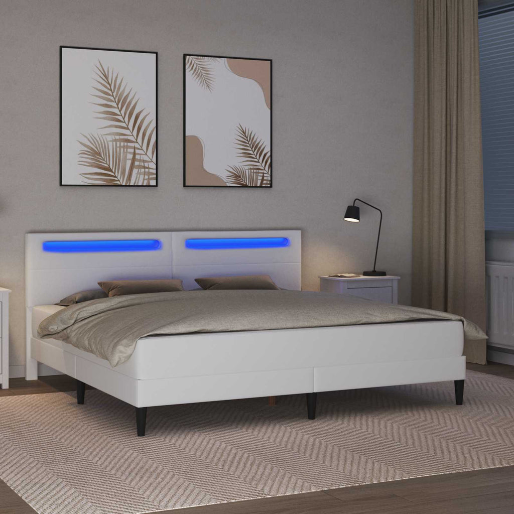 vidaXL Ramka łóżka z paskami LED Biały 200 x 200 cm Ekoskóra