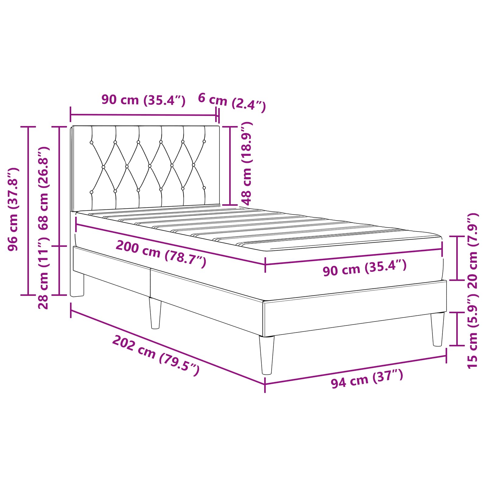 vidaXL Rama łóżka z materacem Z zagłówkiem Czarny 90 x 200 cm Aksamit
