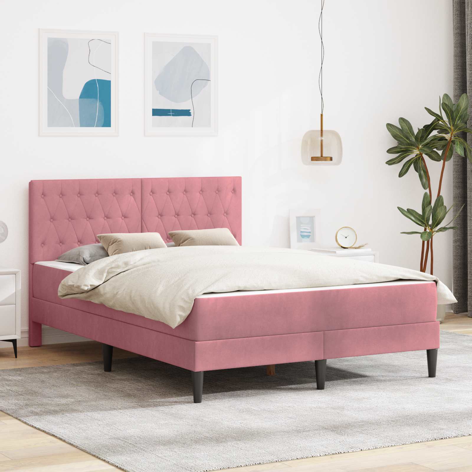 vidaXL Rama łóżka z materacem Z zagłówkiem Różowy 140 x 190 cm Aksamit