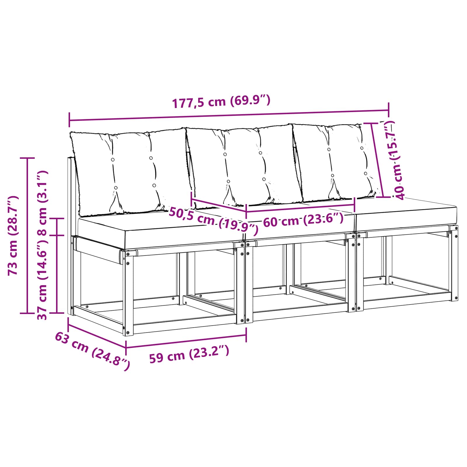 vidaXL 3 Sztuka Środkowa sofa ogrodowa