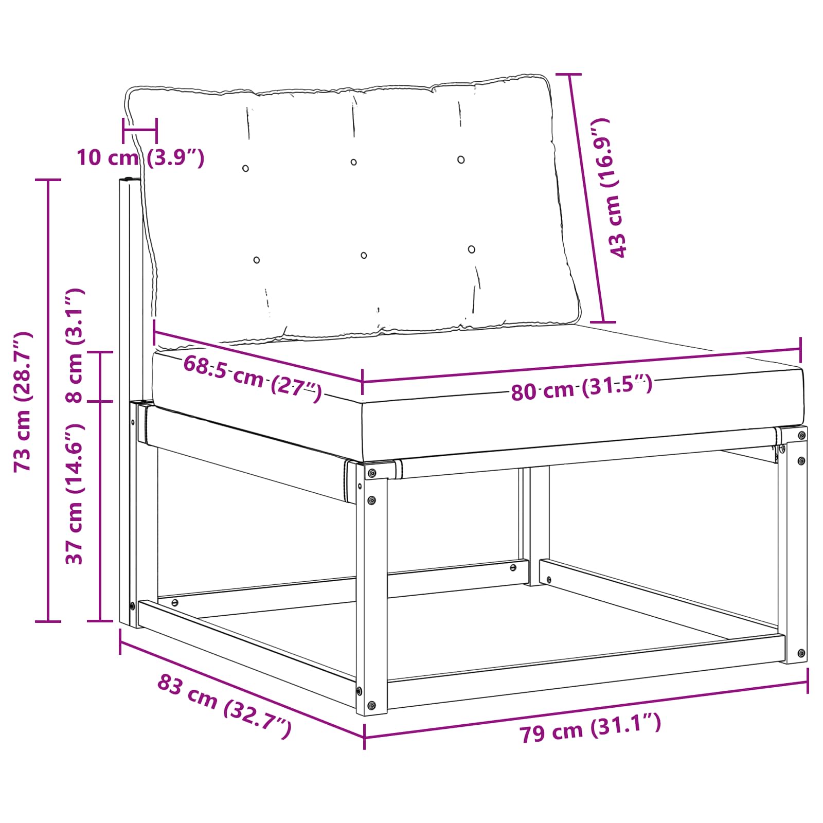 vidaXL Środkowa sofa ogrodowa z poduszką Biały 79 x 83 x 73 cm stal