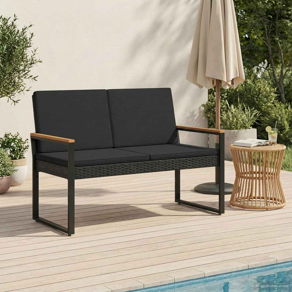 vidaXL Ławka ogrodowa z poduszką Czarny 107 x 61 x 80 cm polirattan