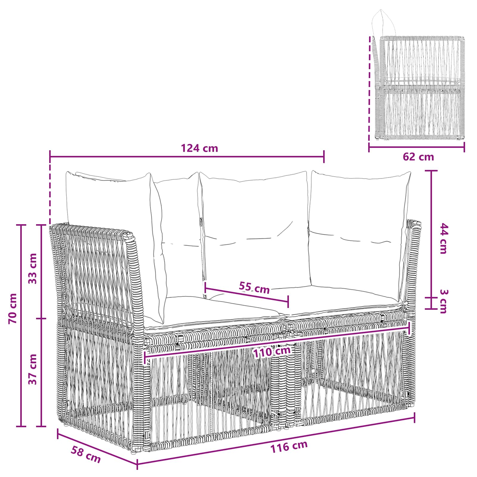 vidaXL Sofa Ogrodowa 2-Liczba miejsc Szary polirattan