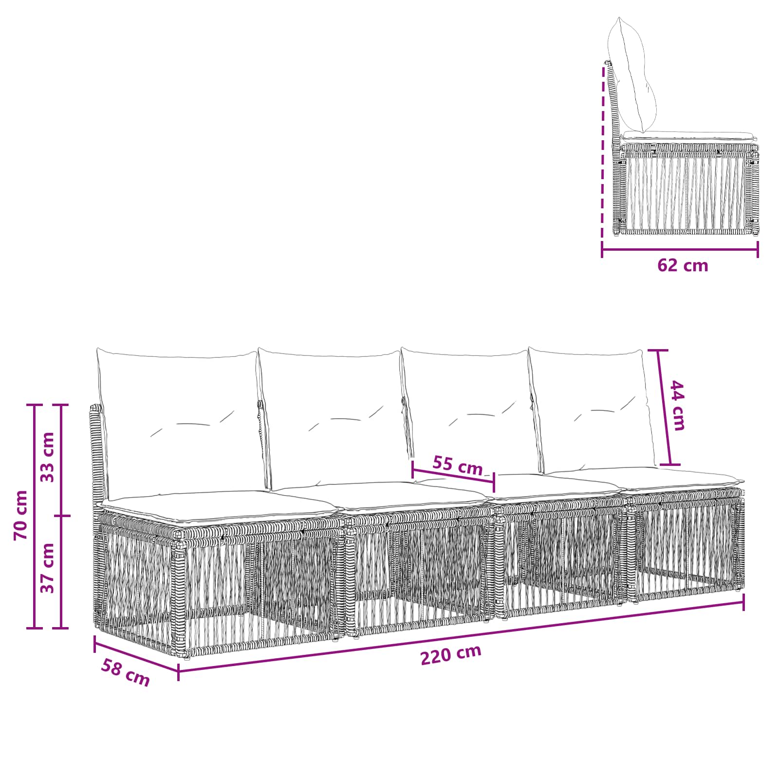 vidaXL Sofa 4-osobowa 4 pcs 4-Liczba miejsc Czarny polirattan