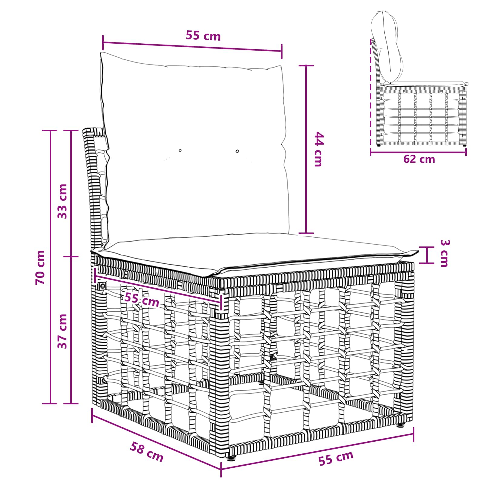 vidaXL Modularna ogrodowa sofa bez podłokietników Czarny polirattan