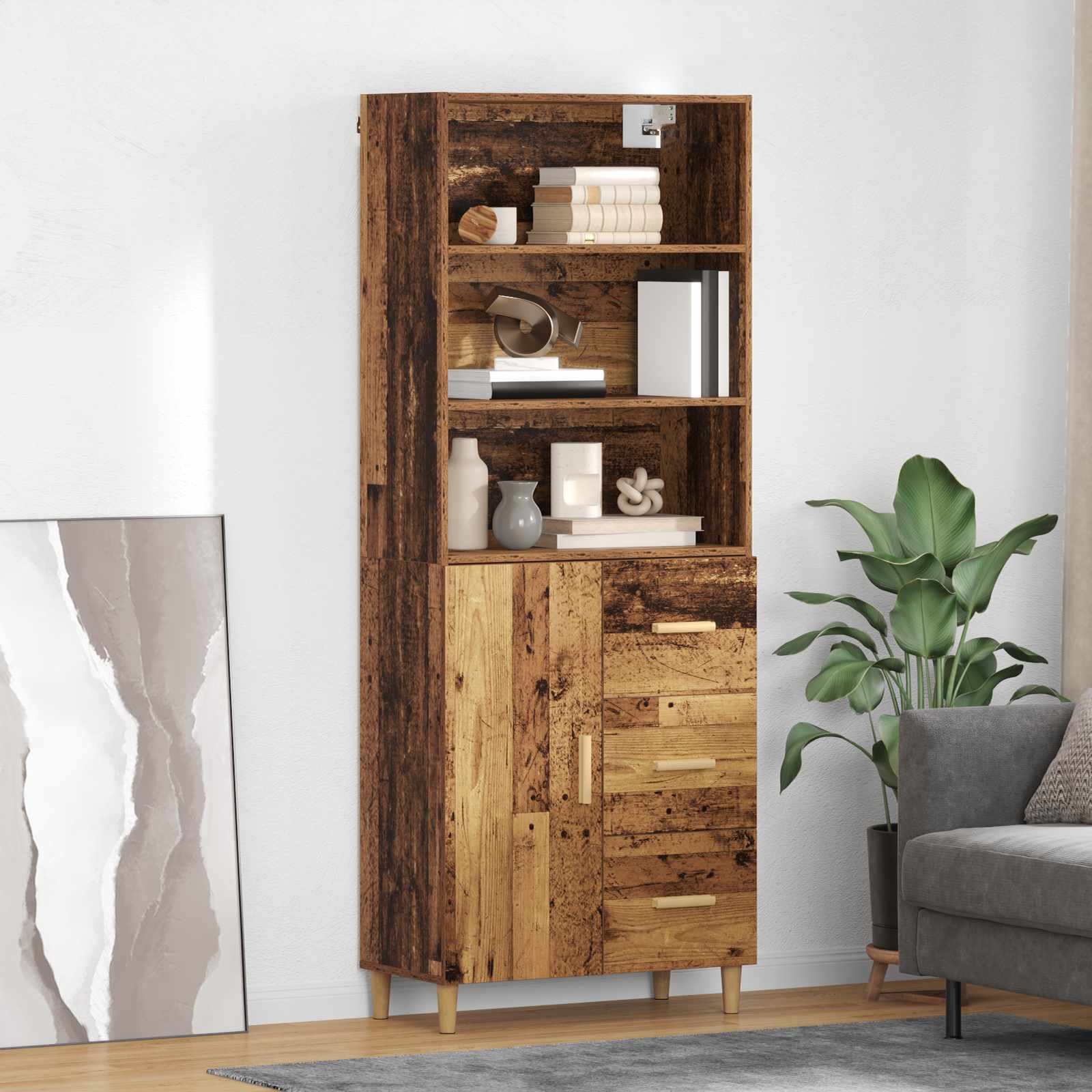 vidaXL Highboard z szufladą Stare drewno 69,5 x 32,5 x 180 cm
