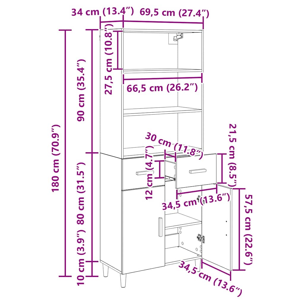 vidaXL Highboard z szufladą Dąb rzemieślniczy 69,5 x 34 x 180 cm