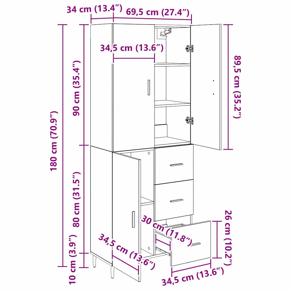 vidaXL Highboard 2 pcs Dąb rzemieślniczy 69,5 x 34 x 180 cm