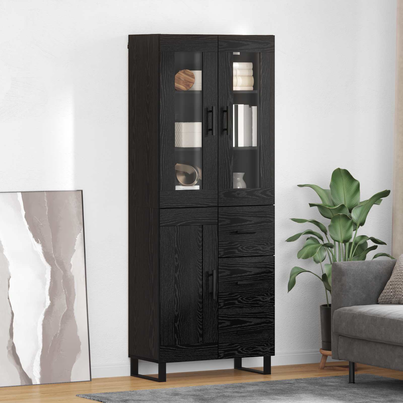 vidaXL Highboard 2 pcs Czarny Dąb Drewno inżynieryjne i szkło