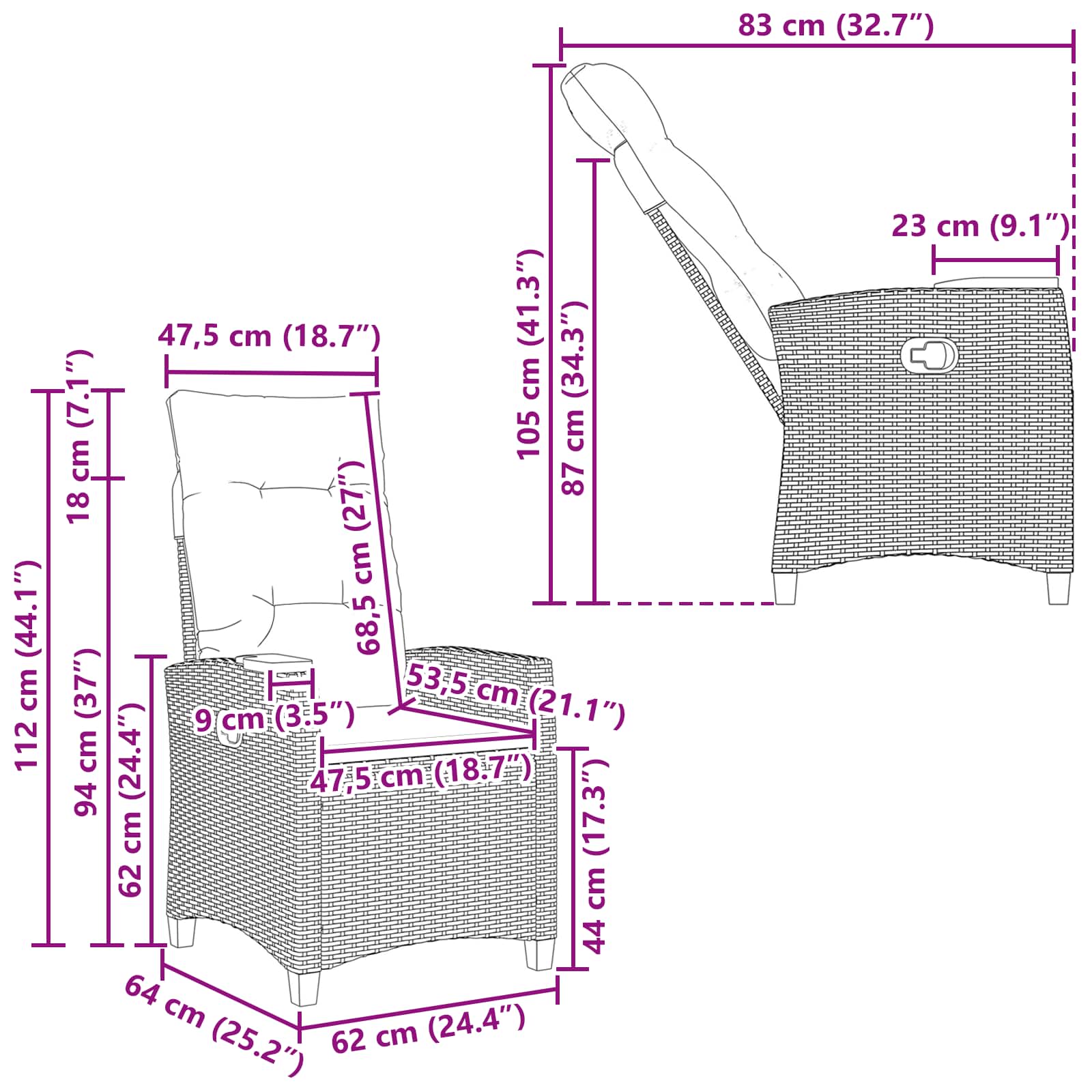 vidaXL Fotel z regulowanym oparciem i tacą na napoje 62 x 64 x 112 cm