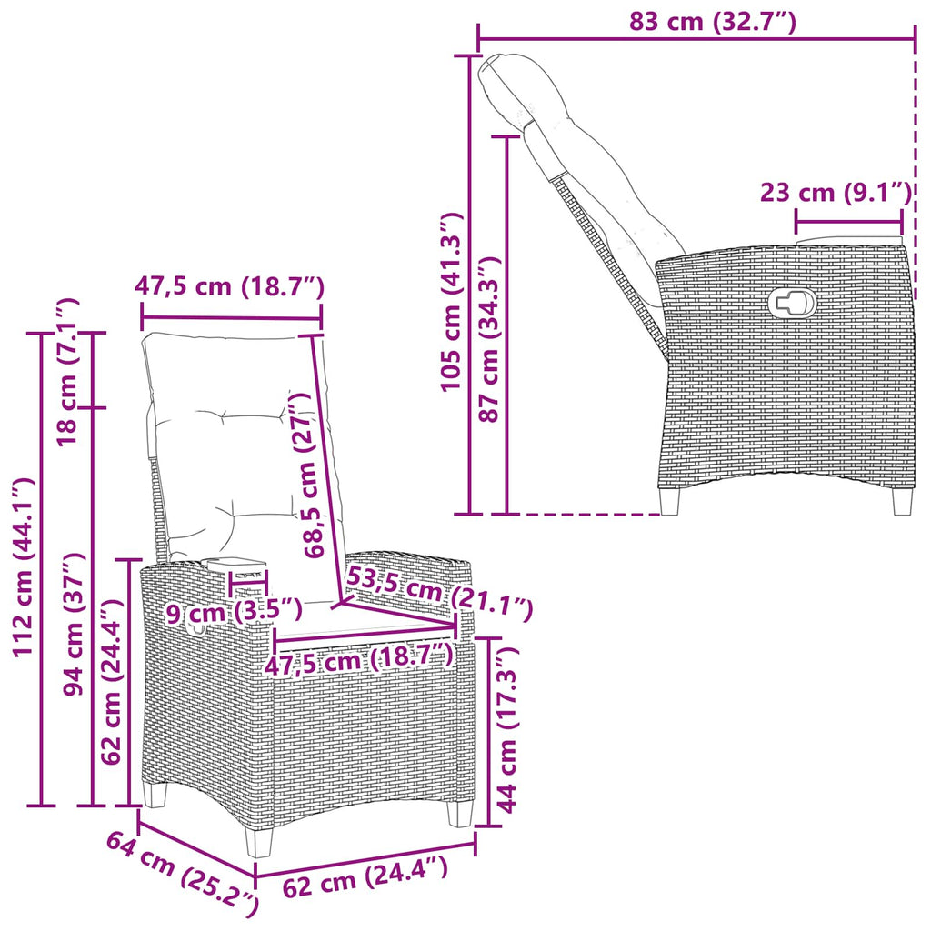 vidaXL Fotel z regulowanym oparciem i tacą na napoje 62 x 64 x 112 cm