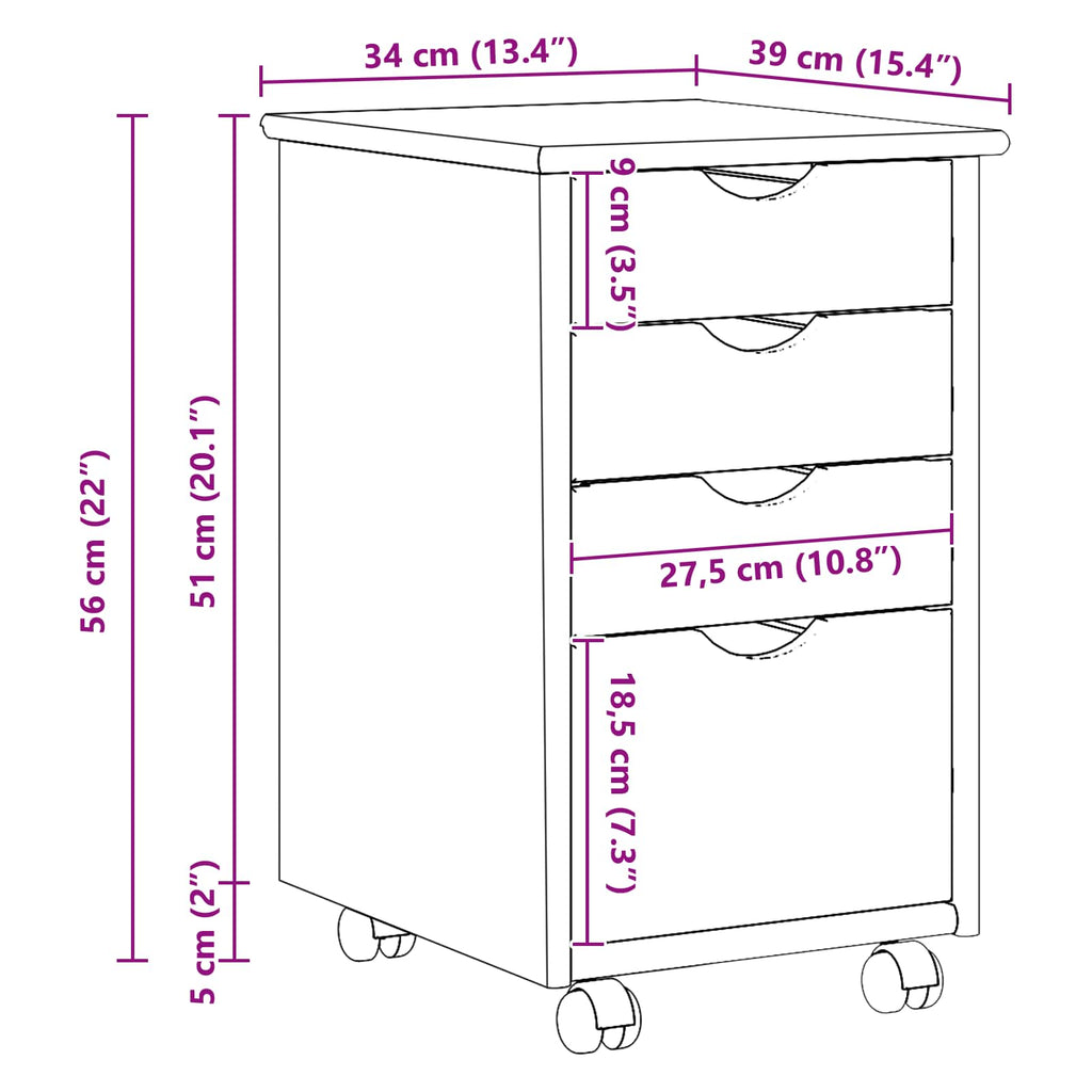 vidaXL Rolkowa szafka Biały 34 x 39 x 56 cm Lite drewno sosnowe