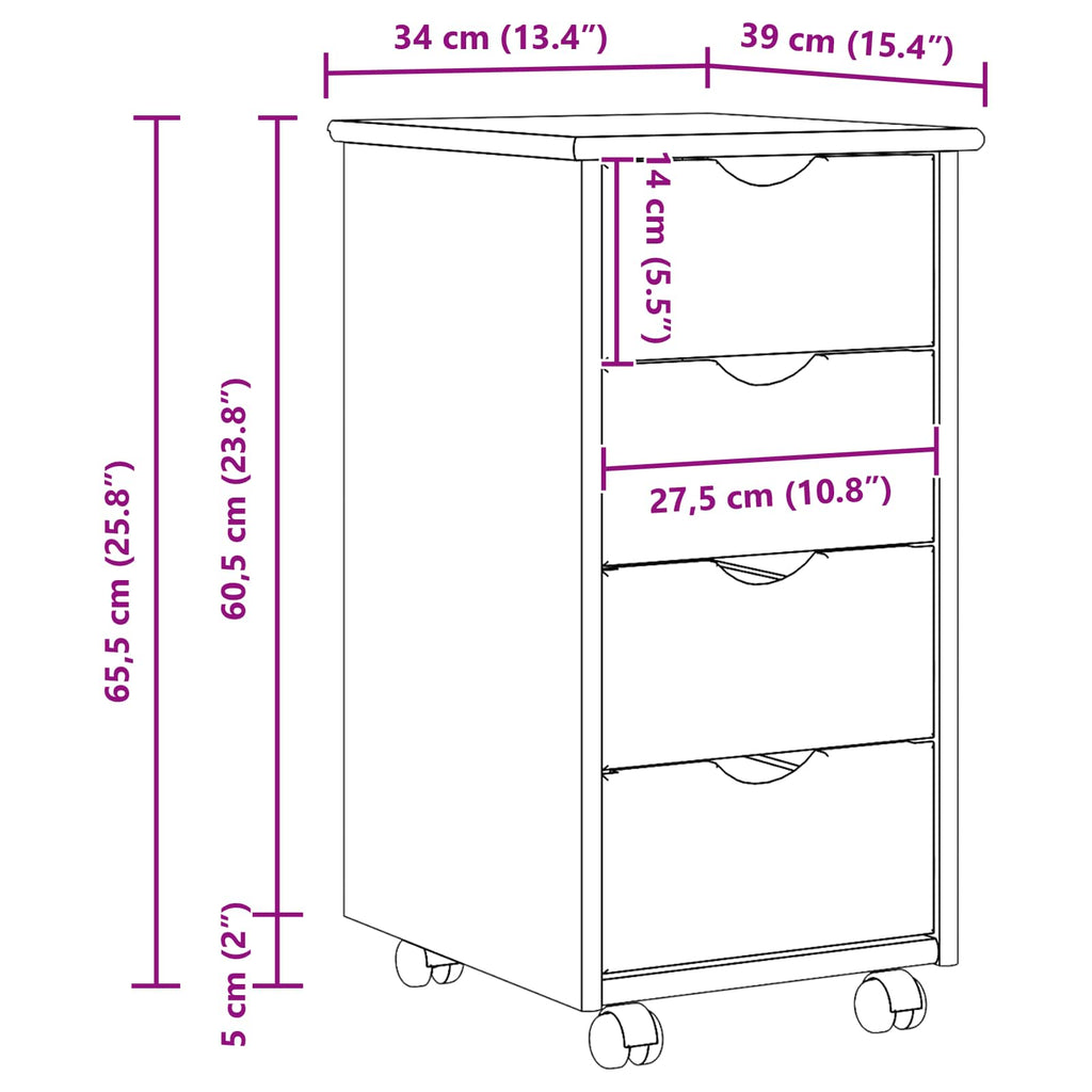 vidaXL Rolkowa szafka Czarny 34 x 39 x 65,5 cm Lite drewno sosnowe