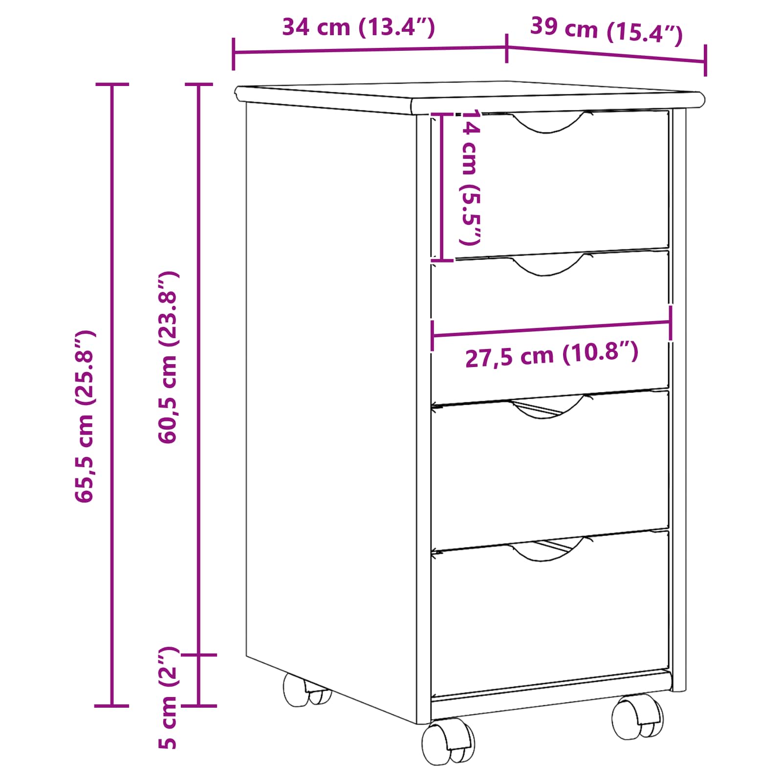 vidaXL Rolkowa szafka Czarny 34 x 39 x 65,5 cm Lite drewno sosnowe