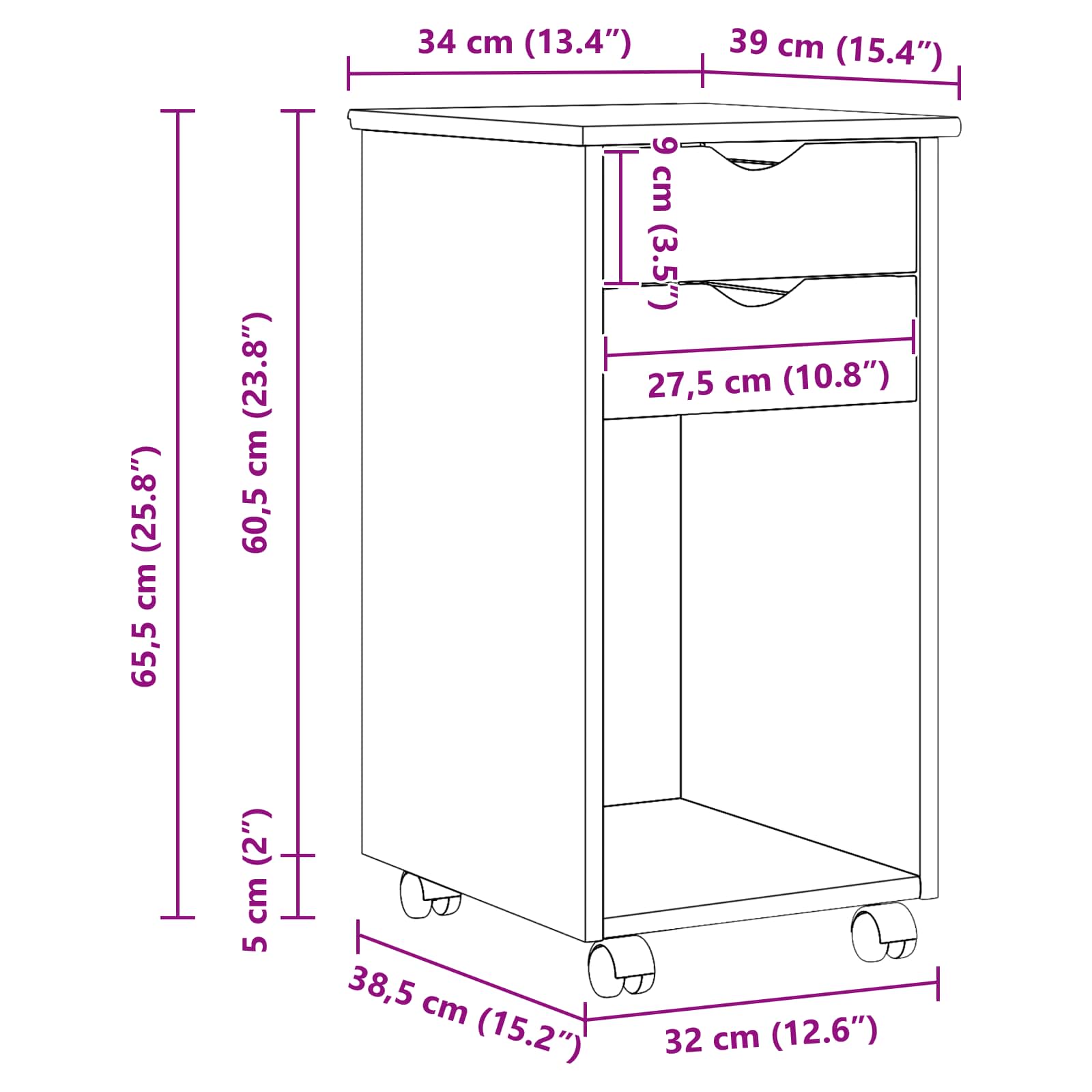 vidaXL Rolkowa szafka Biały 34 x 39 x 65,5 cm Lite drewno sosnowe