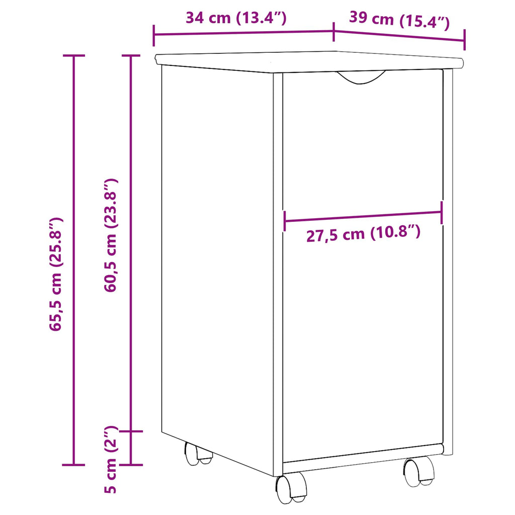 vidaXL Rolkowa szafka Czarny 34 x 39 x 65,5 cm Lite drewno sosnowe