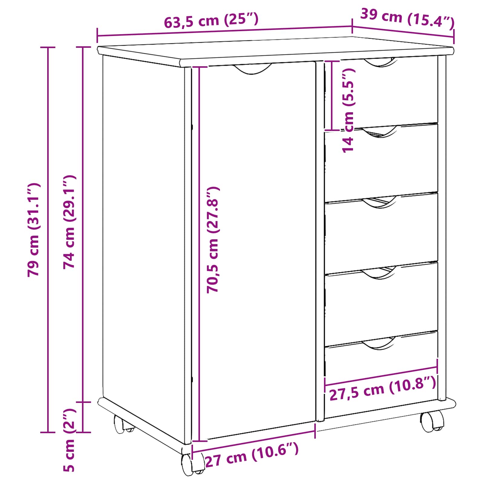vidaXL Rolkowa szafka Szary 63,5 x 39 x 79 cm Lite drewno sosnowe