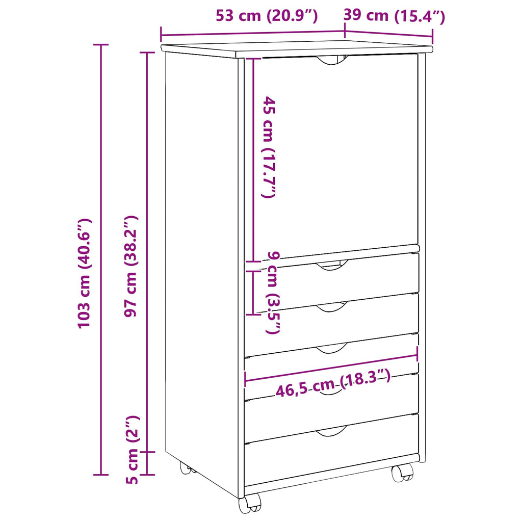vidaXL Rolkowa szafka Biały 53 x 39 x 103 cm Lite drewno sosnowe