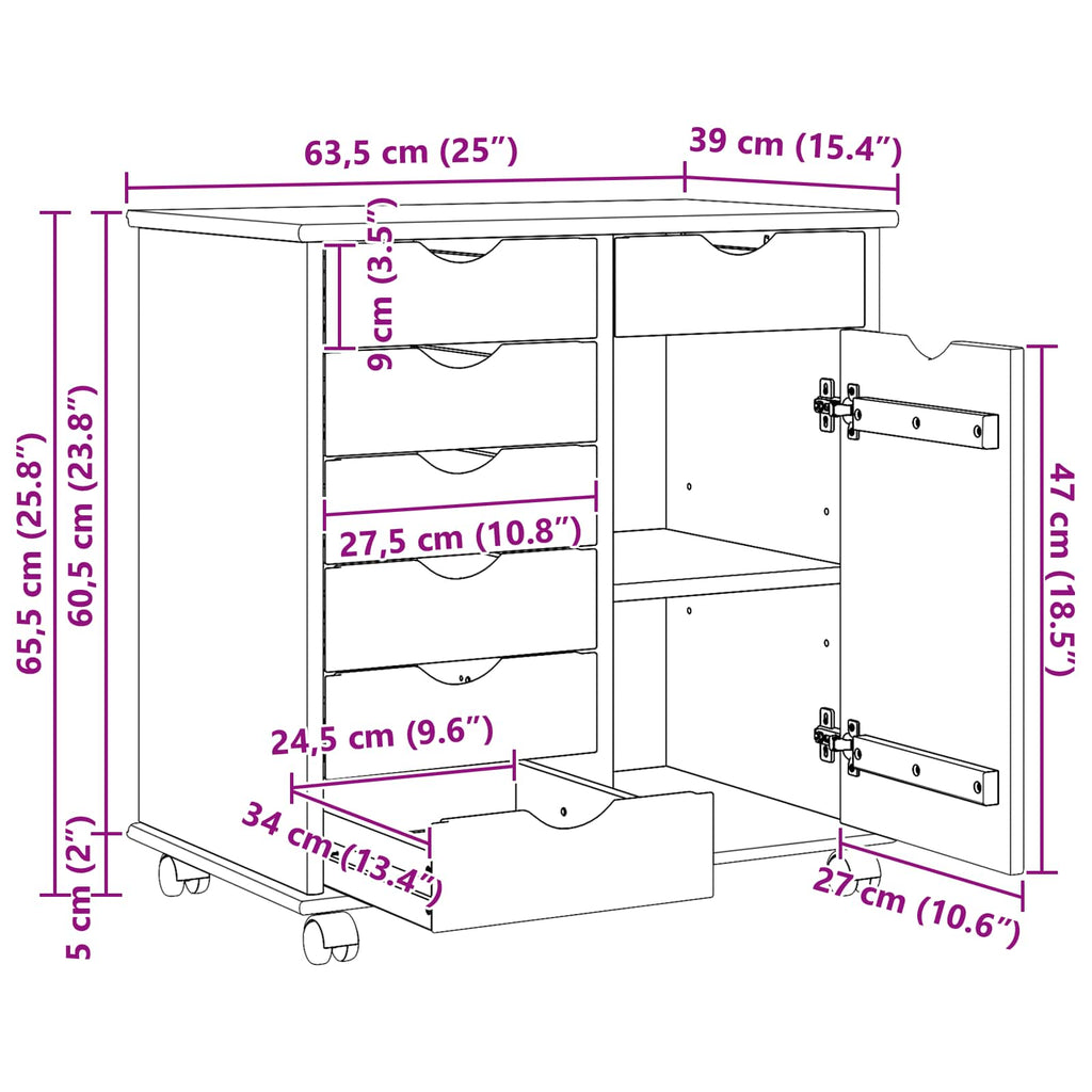 vidaXL Rolkowa szafka Czarny 63,5 x 39 x 65,5 cm Lite drewno sosnowe