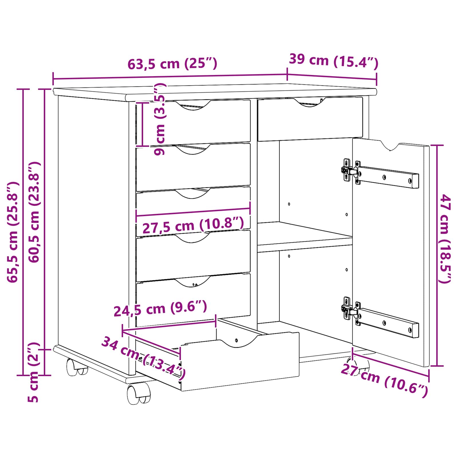 vidaXL Rolkowa szafka Czarny 63,5 x 39 x 65,5 cm Lite drewno sosnowe