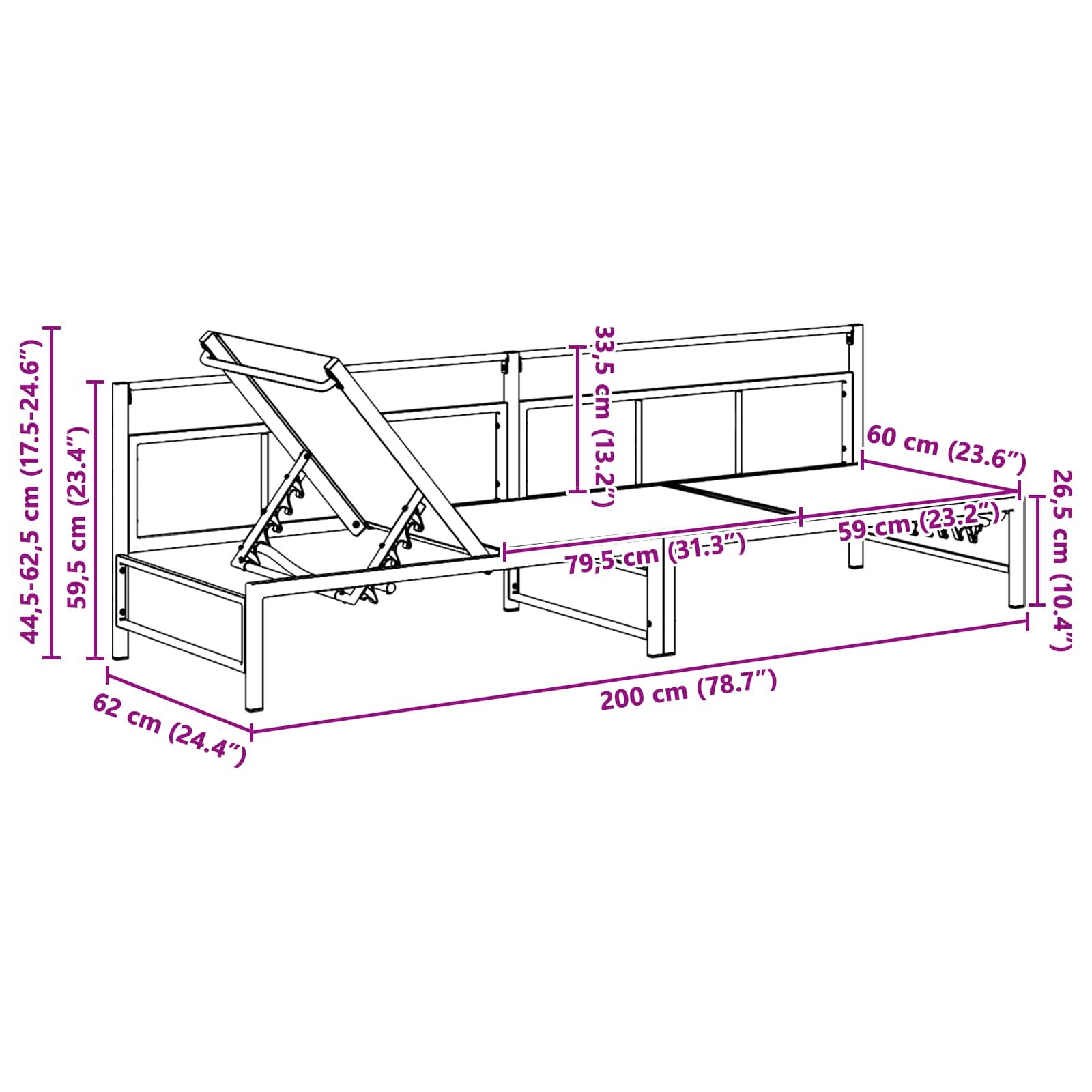 vidaXL Leżak Czarny 200 x 62 x 59,5 cm Textilene