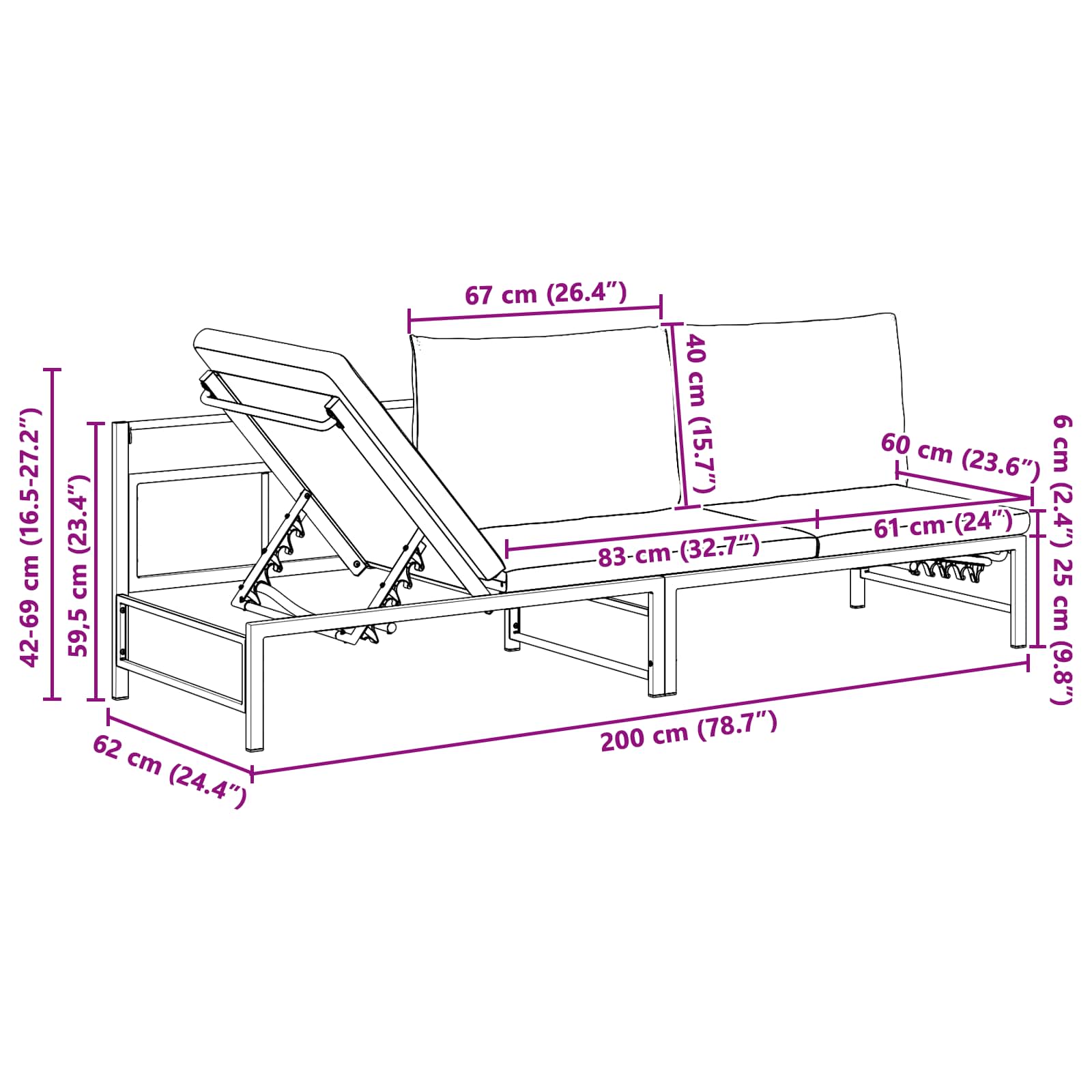 vidaXL Leżak słoneczny dla 3 osób Czarny 200 x 62 x 59,5 cm Textilene