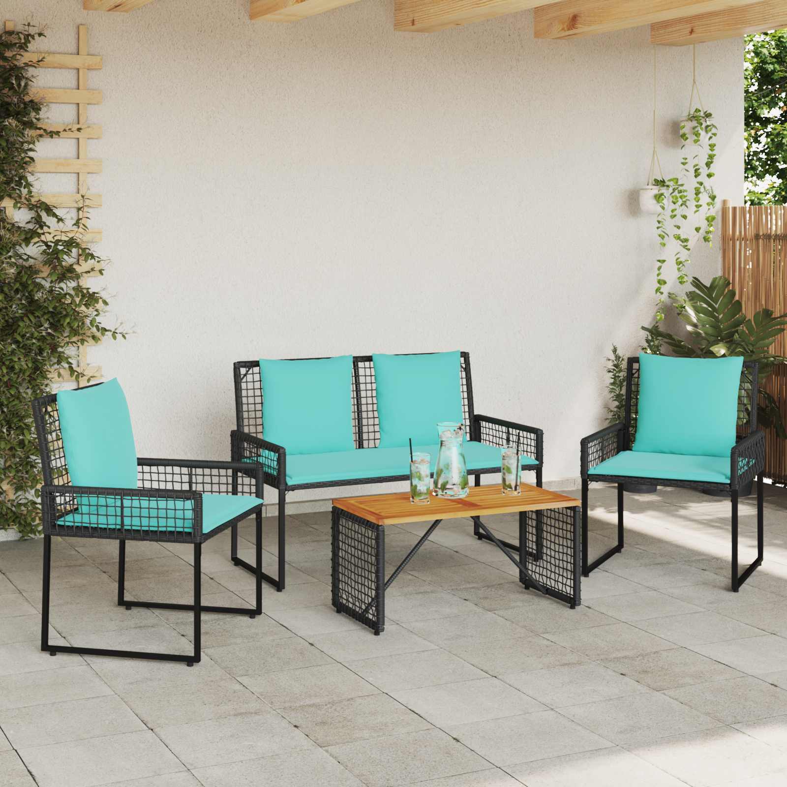 vidaXL Zestaw Mebli Ogrodowych z poduszką 4 pcs Czarny i Turkusowy
