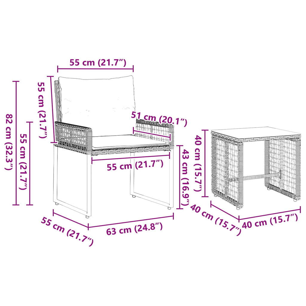vidaXL Zestaw Mebli Ogrodowych z poduszką 3 pcs Szary