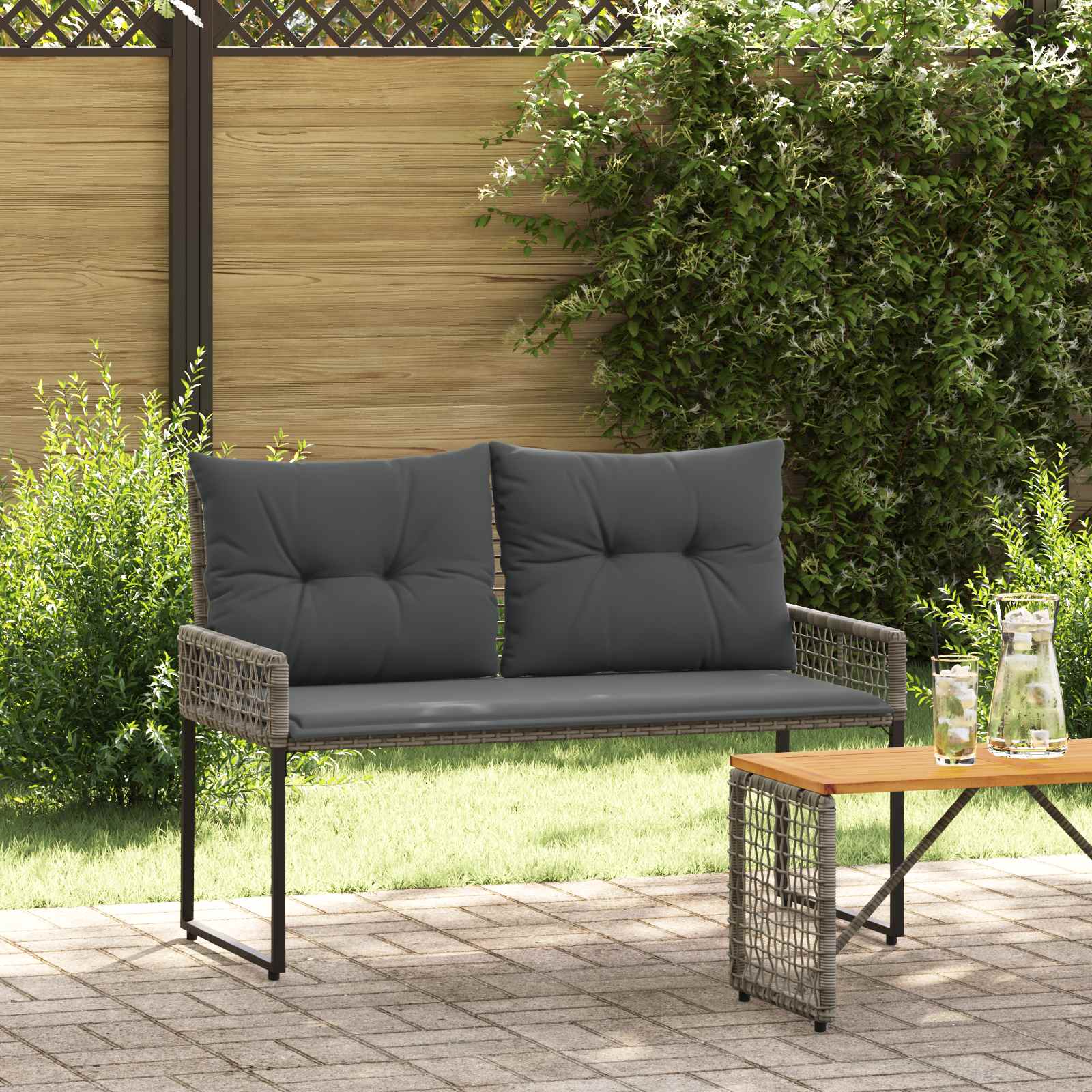 vidaXL Ławka ogrodowa Szary 118 x 55 x 82 cm Rattan PE i tkanina