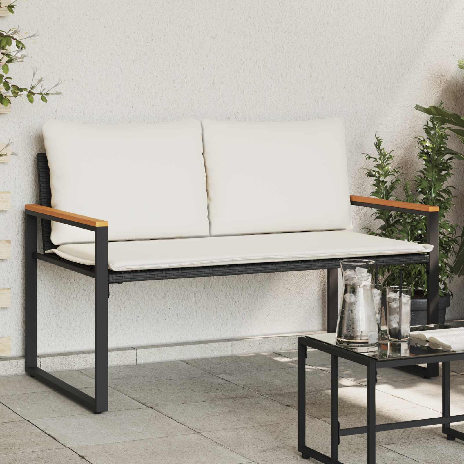 vidaXL ławka z poduszką Czarny i kremowo-biały 115 x 65 x 72 cm rattan