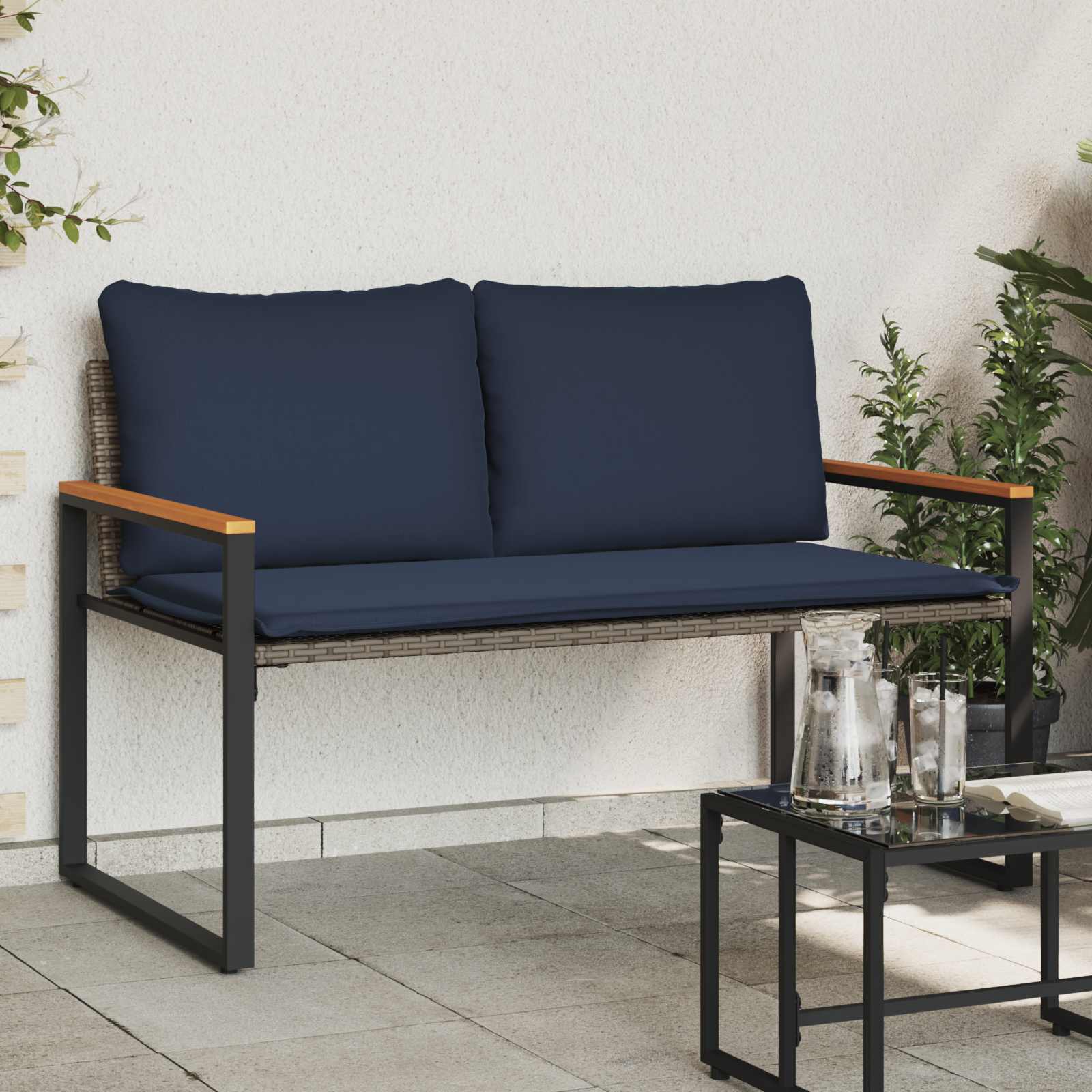 vidaXL ławka z poduszką Szary i granatowy 115 x 65 x 72 cm rattan