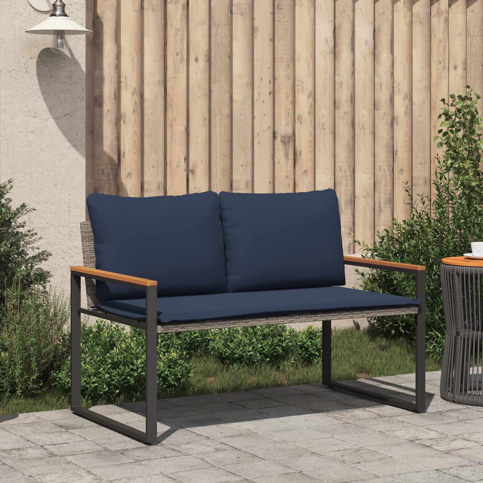 vidaXL ławka z poduszką Szary i granatowy 115 x 65 x 72 cm rattan