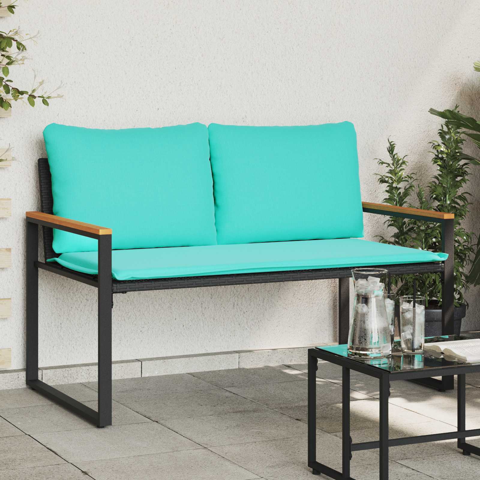 vidaXL ławka z poduszką Czarny i Turkusowy 115 x 65 x 72 cm rattan
