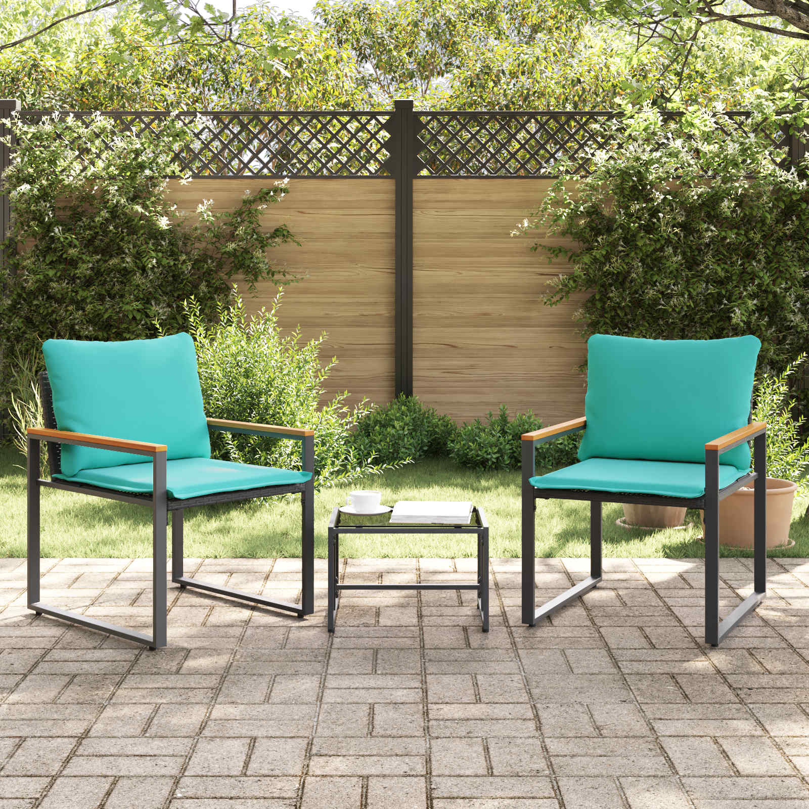 vidaXL Zestawy mebli z poduszką 3 pcs Czarny i Turkusowy rattan