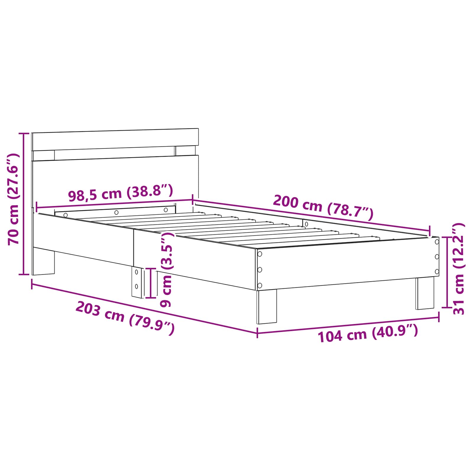 vidaXL Ramka łóżka Dąb rzemieślniczy 98,5 x 200 cm