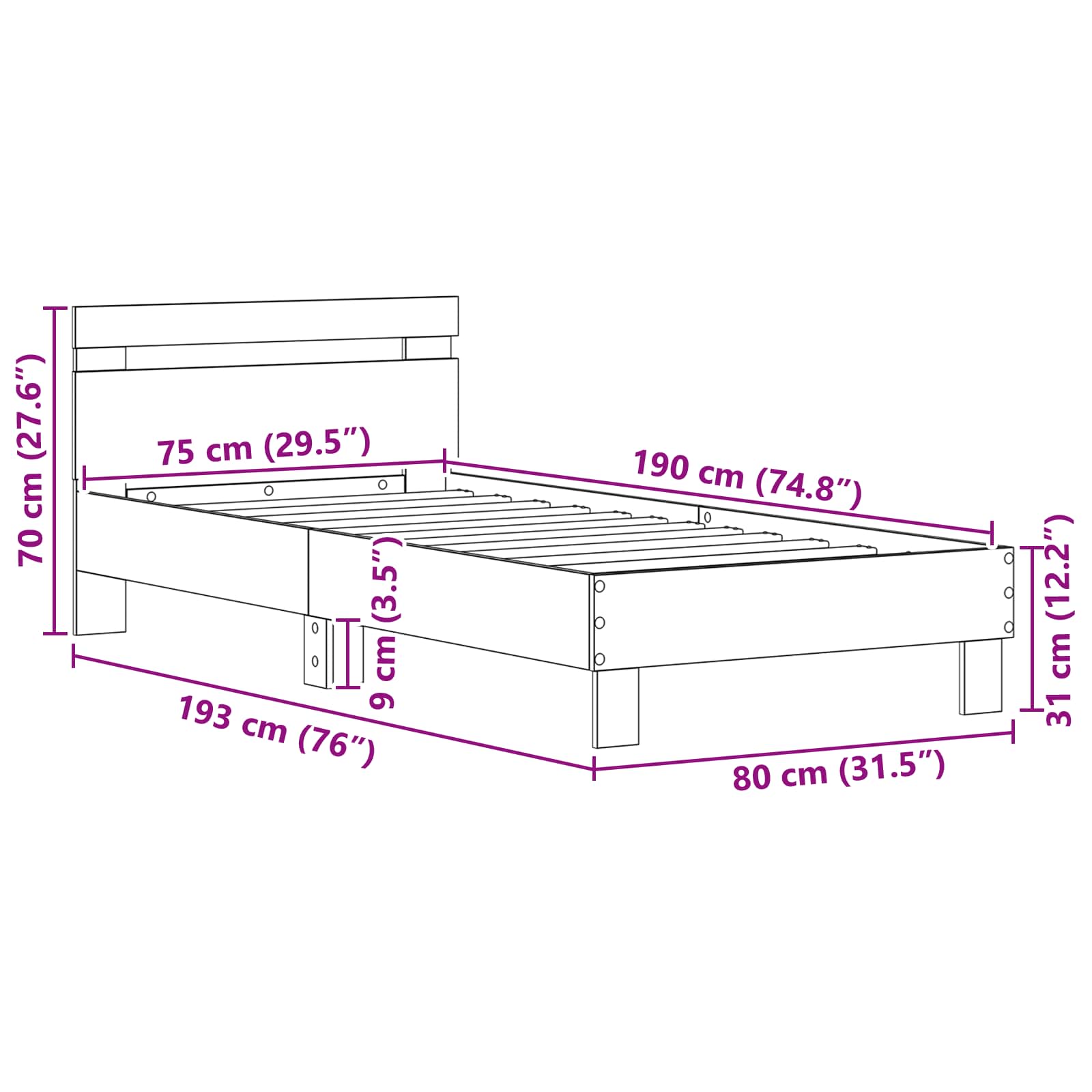 vidaXL Ramka łóżka Czarny Dąb 75 x 190 cm Materiał drewnopochodny