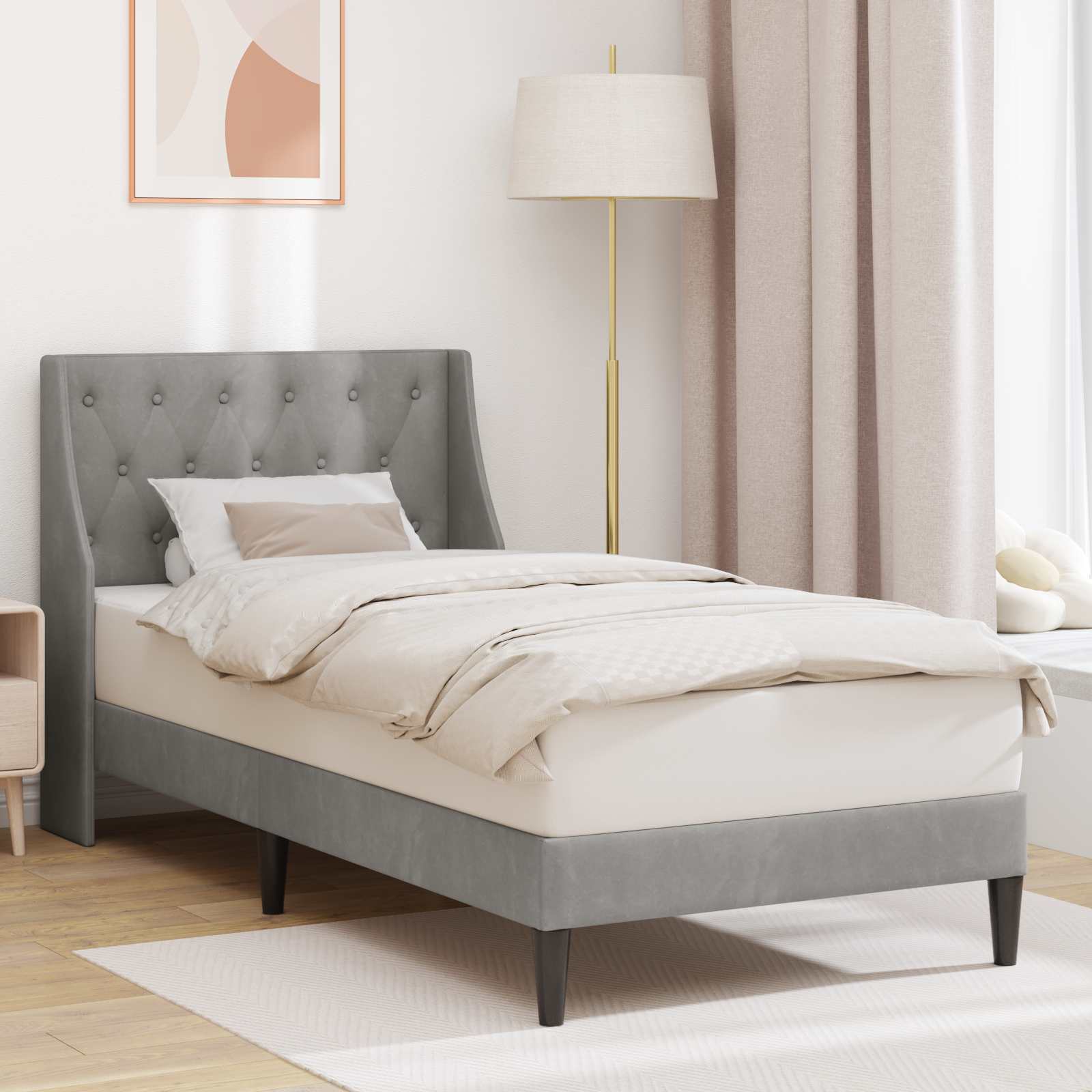 vidaXL Ramka łóżka Z zagłówkiem Jasnoszary 100 x 200 cm Aksamit