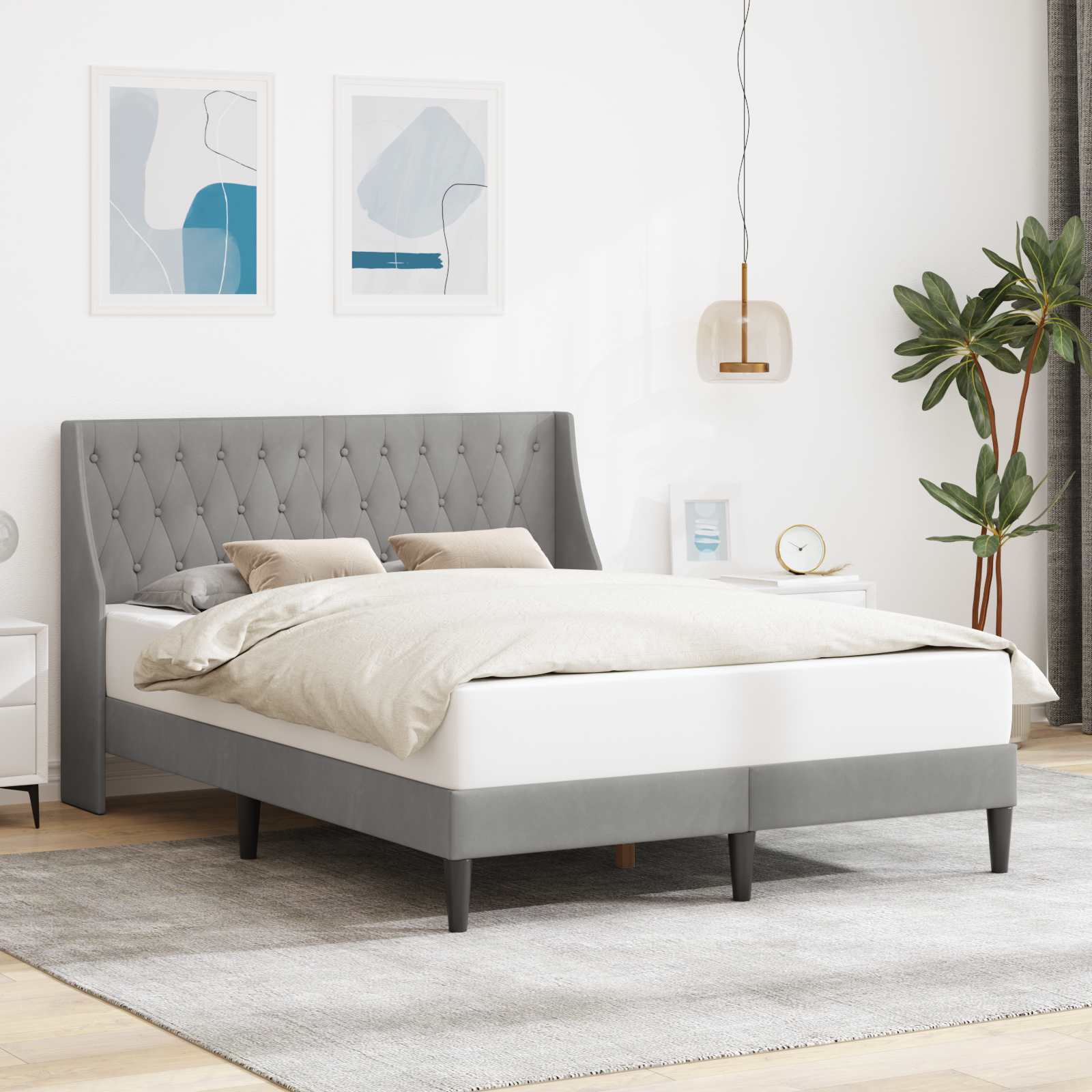 vidaXL Ramka łóżka Z zagłówkiem Jasnoszary 140 x 190 cm Aksamit