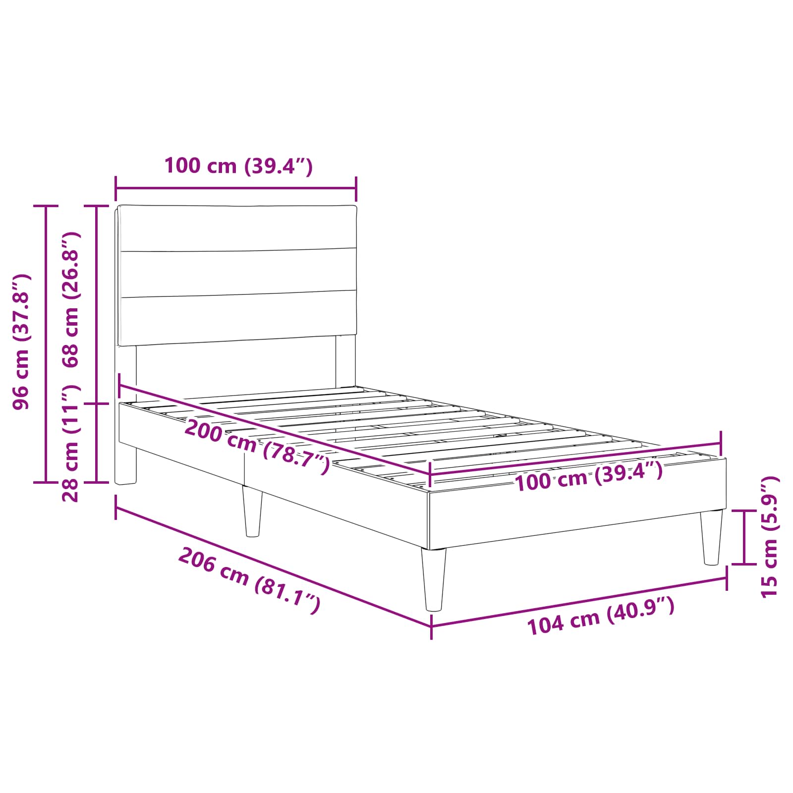 vidaXL Ramka łóżka Z zagłówkiem Czarny 100 x 200 cm tkanina
