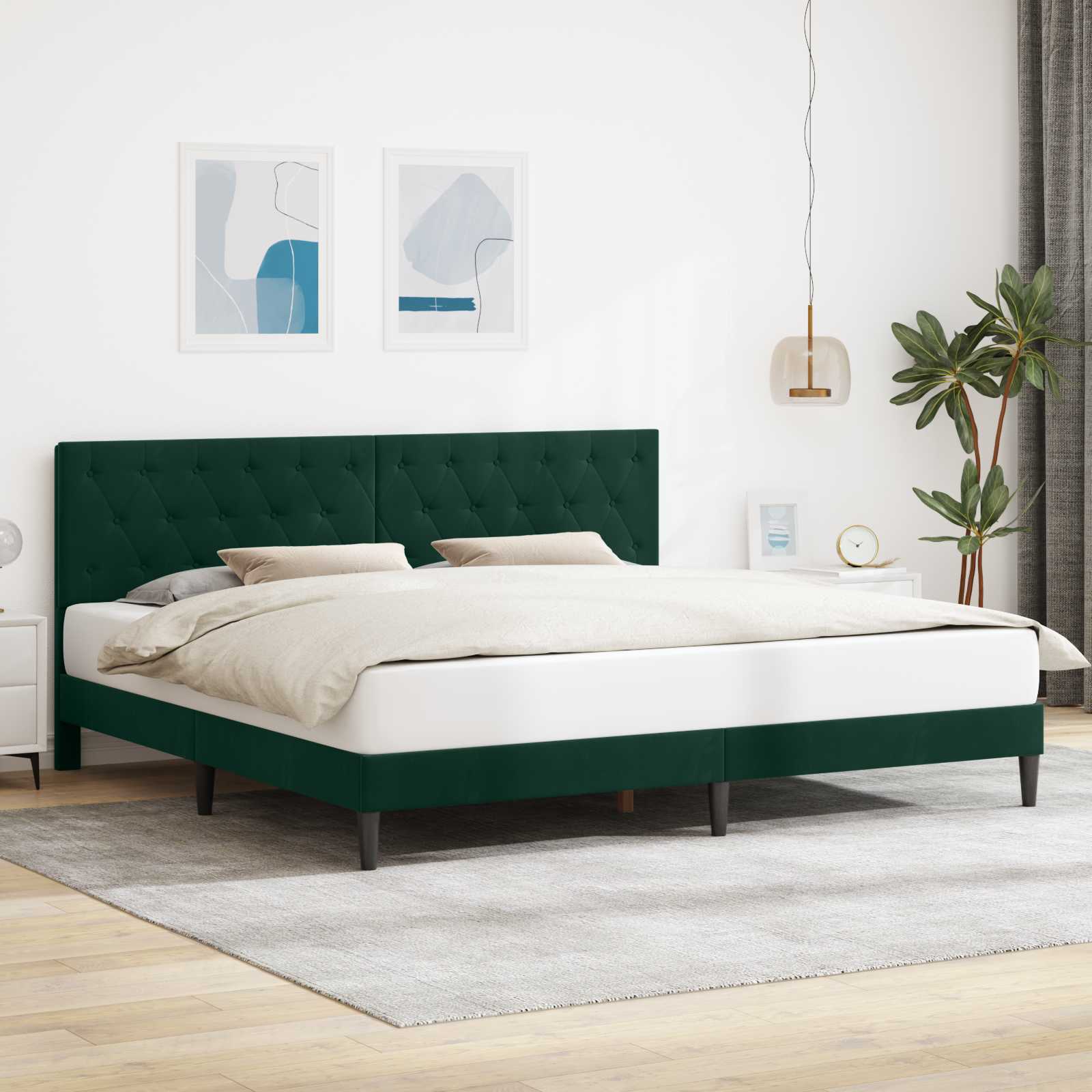 vidaXL Ramka łóżka Z zagłówkiem Ciemnozielony 200 x 200 cm Welur
