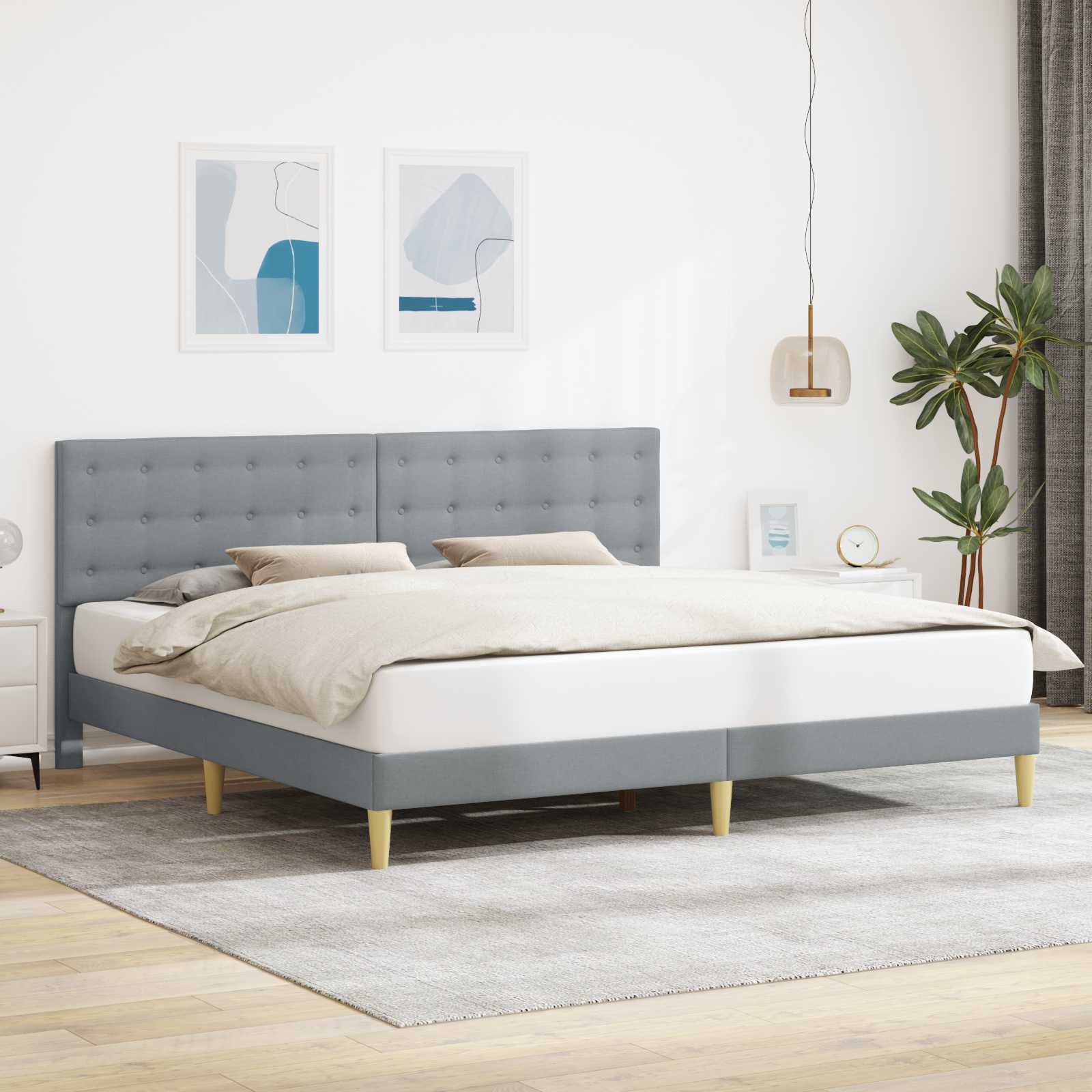 vidaXL Ramka łóżka Z zagłówkiem jasnoszary 200 x 200 cm tkanina