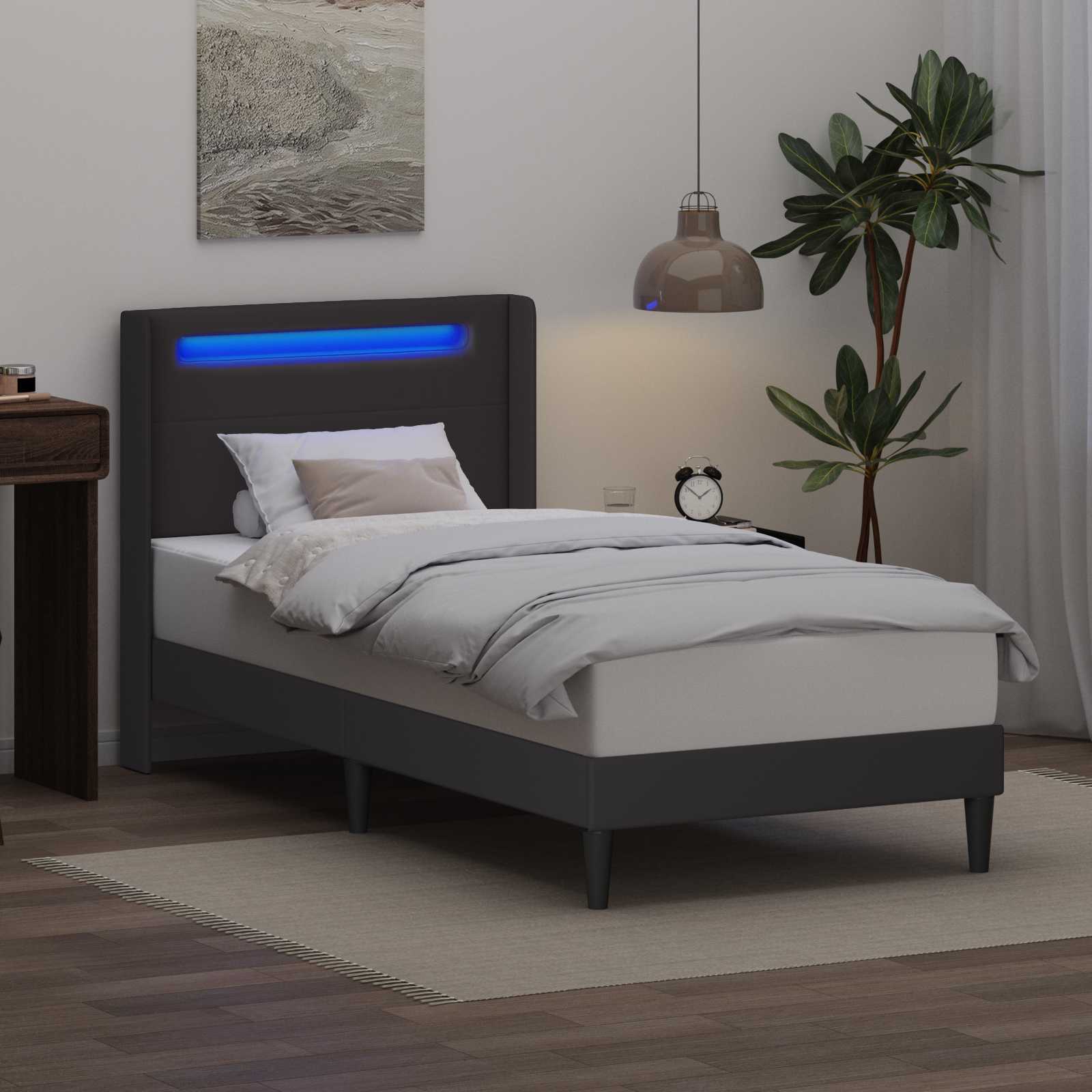 vidaXL Ramka łóżka z paskami LED Szary 90 x 190 cm Ekoskóra