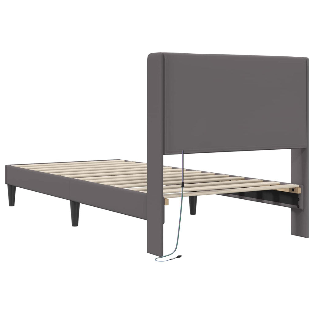 vidaXL Ramka łóżka z paskami LED Szary 90 x 190 cm Ekoskóra
