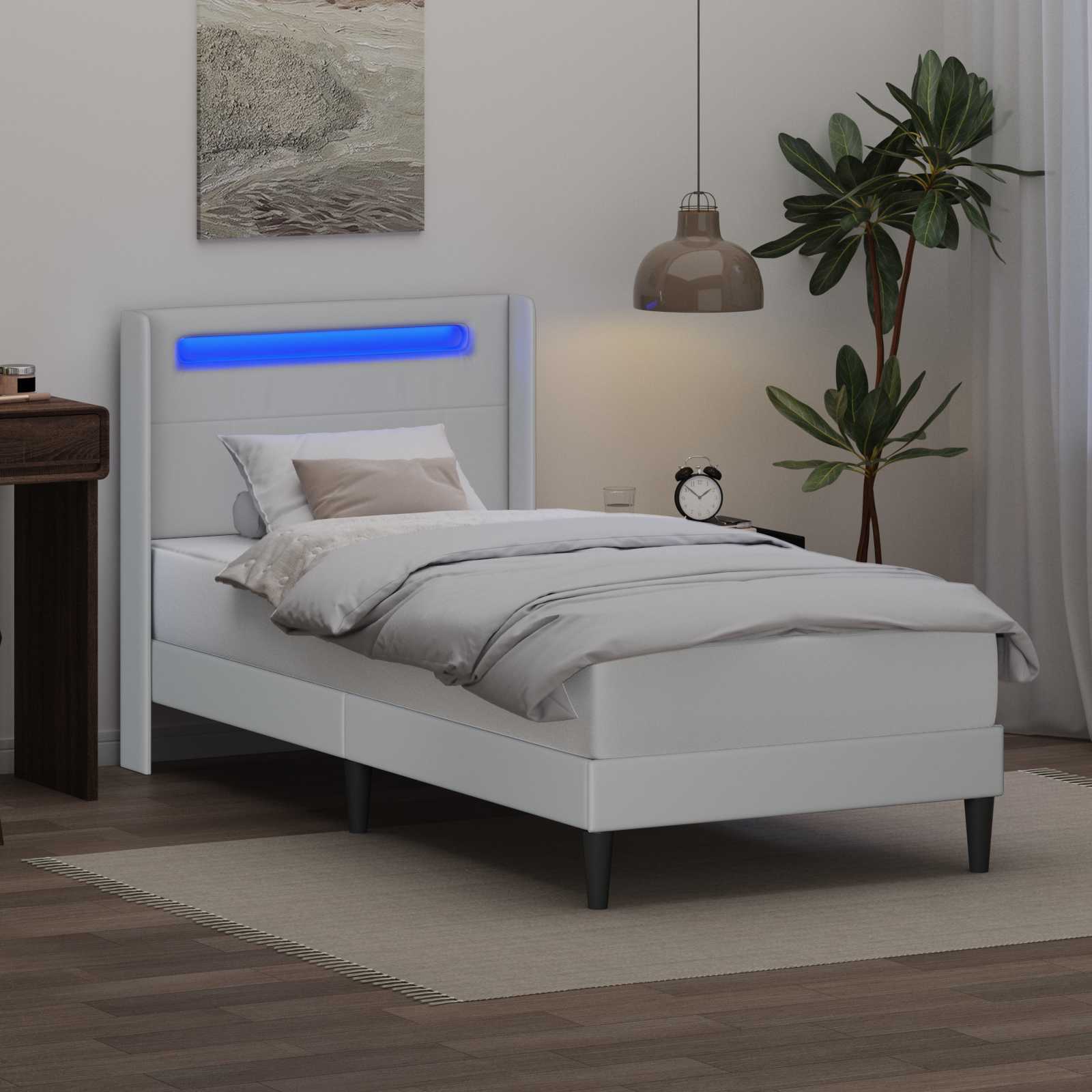 vidaXL Ramka łóżka z paskami LED Biały 90 x 190 cm Ekoskóra