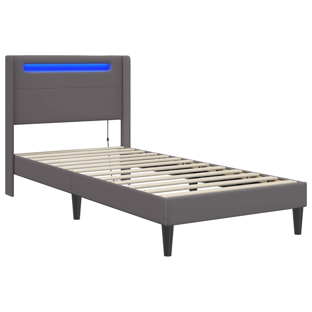 vidaXL Ramka łóżka z paskami LED Szary 100 x 200 cm Ekoskóra