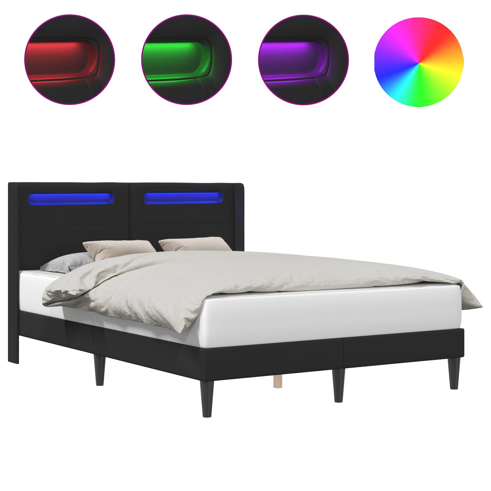 vidaXL Ramka łóżka z paskami LED Czarny 140 x 190 cm Ekoskóra