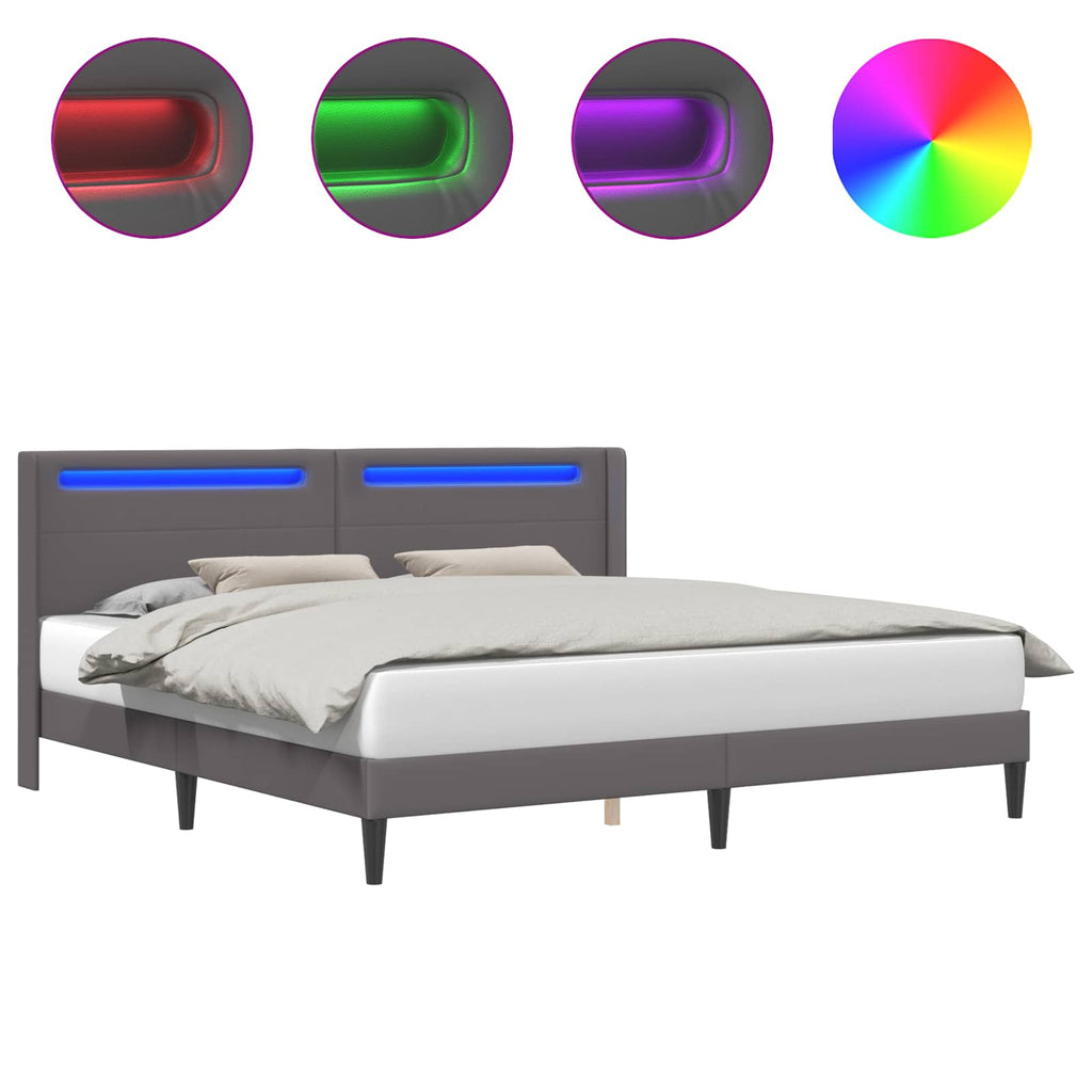 vidaXL Ramka łóżka z paskami LED Szary 200 x 200 cm Ekoskóra